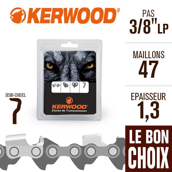 Chaîne Kerwood pour tronçonneuse 3/8 LP 1,3 mm. Rouleau 100 pieds. Gouge  profil demi carré