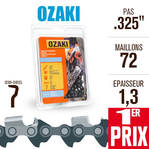 Chaine OZAKI ZK38SC63-E72 coupe de 50 cm, 72 maillons, pas 3/8, jauge 1,6  (0,063)